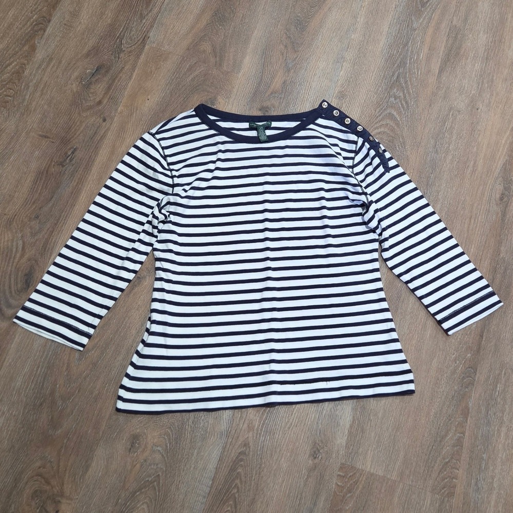 Lauren Ralph Lauren Striped Boat Neck Top Navy Blue White Button Shoulder Large